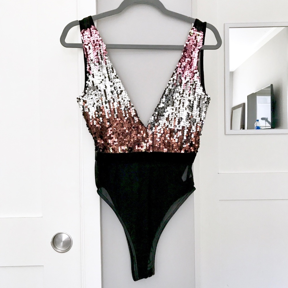 Sequin V-Neck Bodysuit in Pink, Silver & Brown - Women